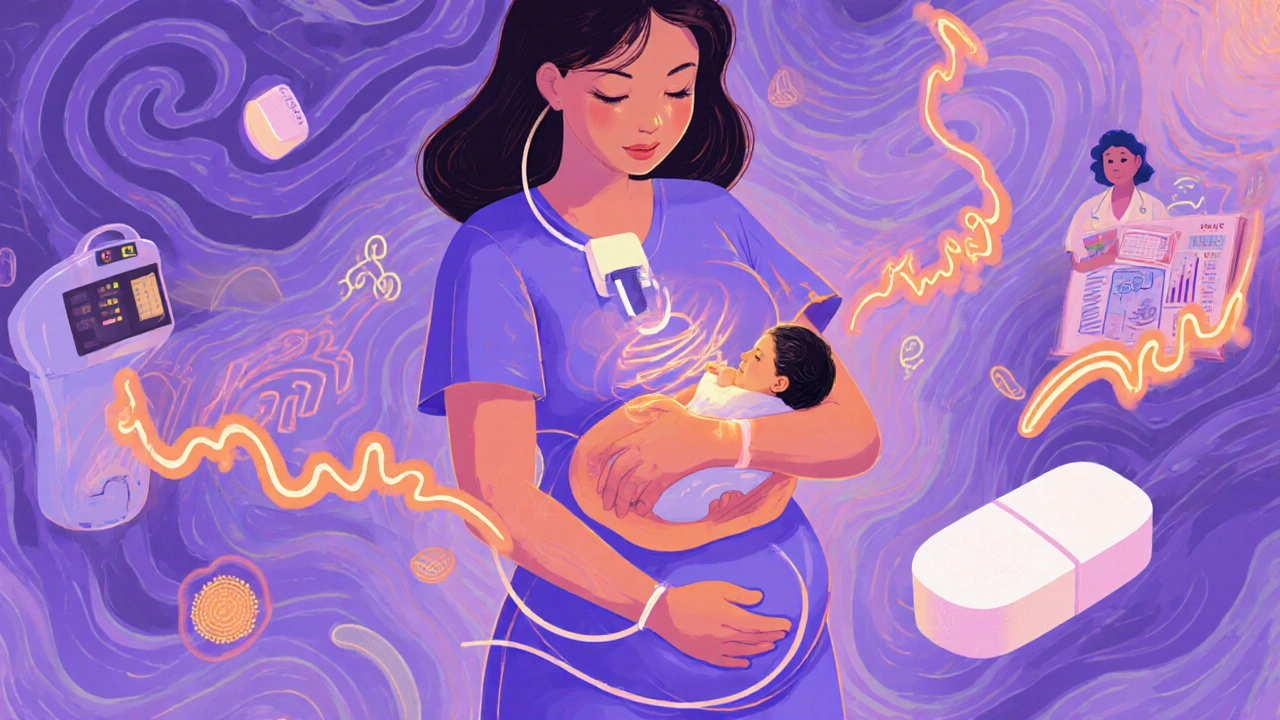 Labor scene with insulin pump, floating glucose waves, newborn with insulin halo, and aspirin tablet floating nearby.