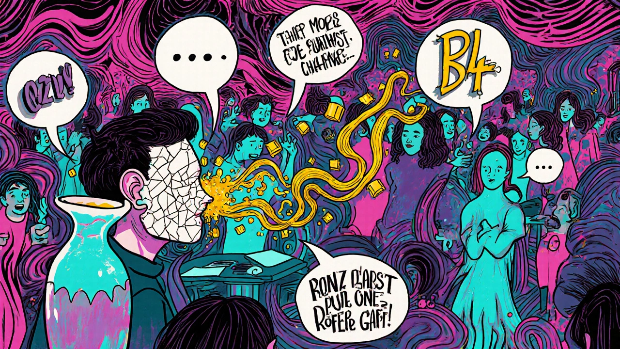 Man in noisy restaurant struggling to understand speech as sound dissolves into chaotic lines