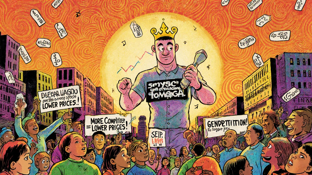 Marketplace of drug manufacturers with monopoly vs. competition, surrounded by swirling price tags.