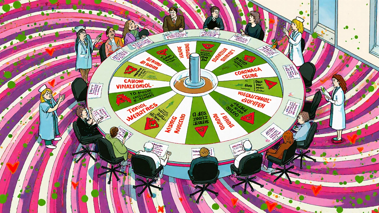 Medical committee gathered around a spinning formulary wheel with drug names and clinical icons.
