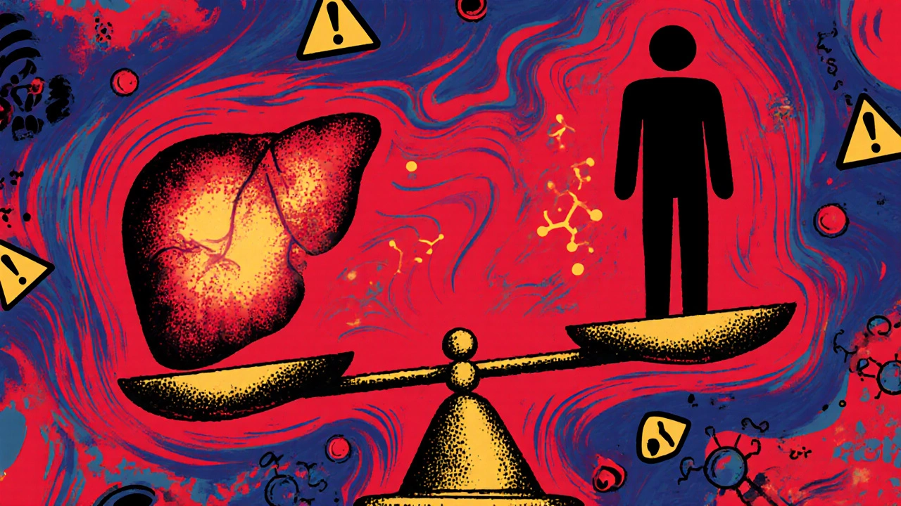 Medical scale balancing a glowing red liver against a patient, surrounded by warning symbols and fading hormone molecules.