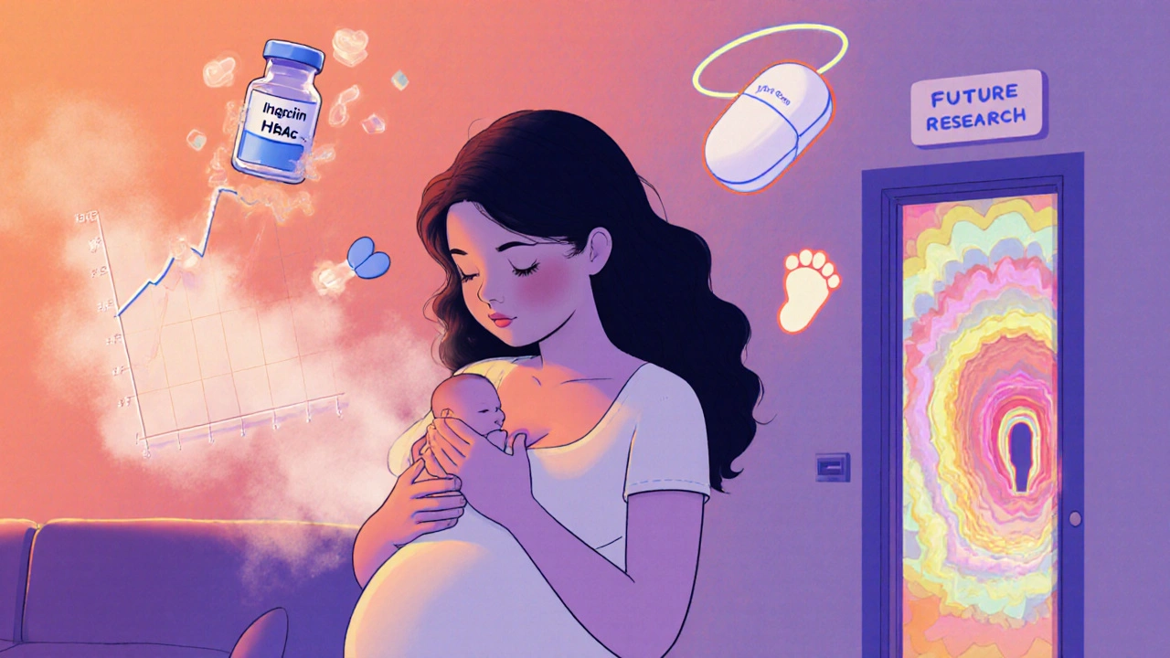 Mother breastfeeding with floating insulin vials and dissolving metformin pills