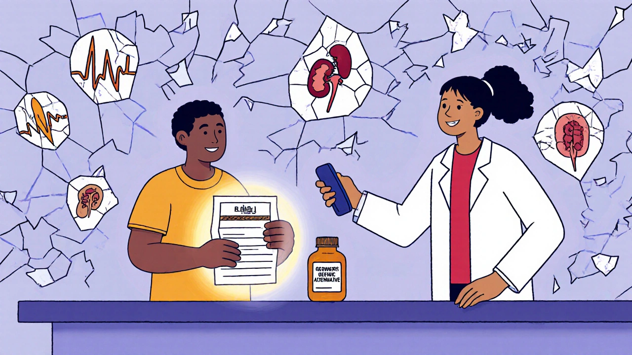 Patient at pharmacy with glowing prescription and pharmacist reaching for phone amid fragmented health icons.
