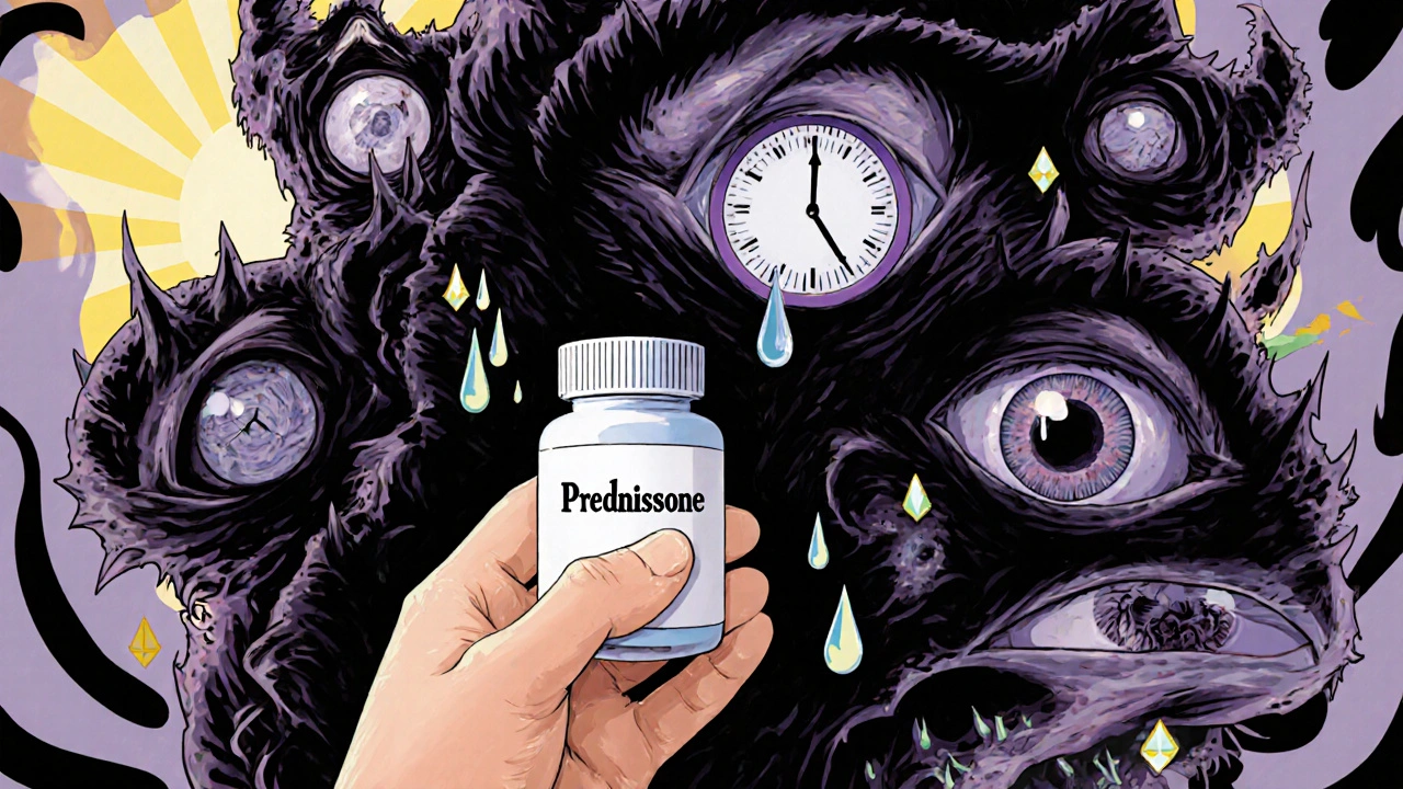 Patient hesitating over steroid pills while shadowy eye monster of complications looms behind, rendered in flowing psychedelic lines.