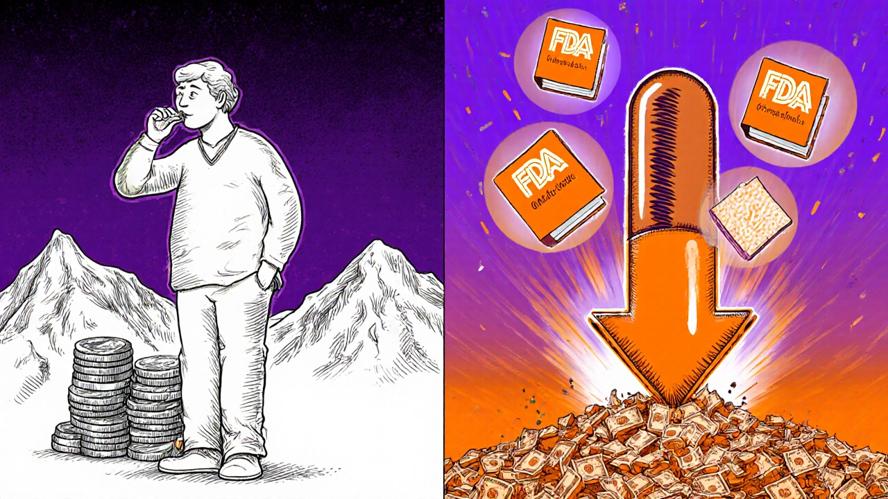 Patient switching from two pills to one combination pill as money is crushed by a downward arrow.