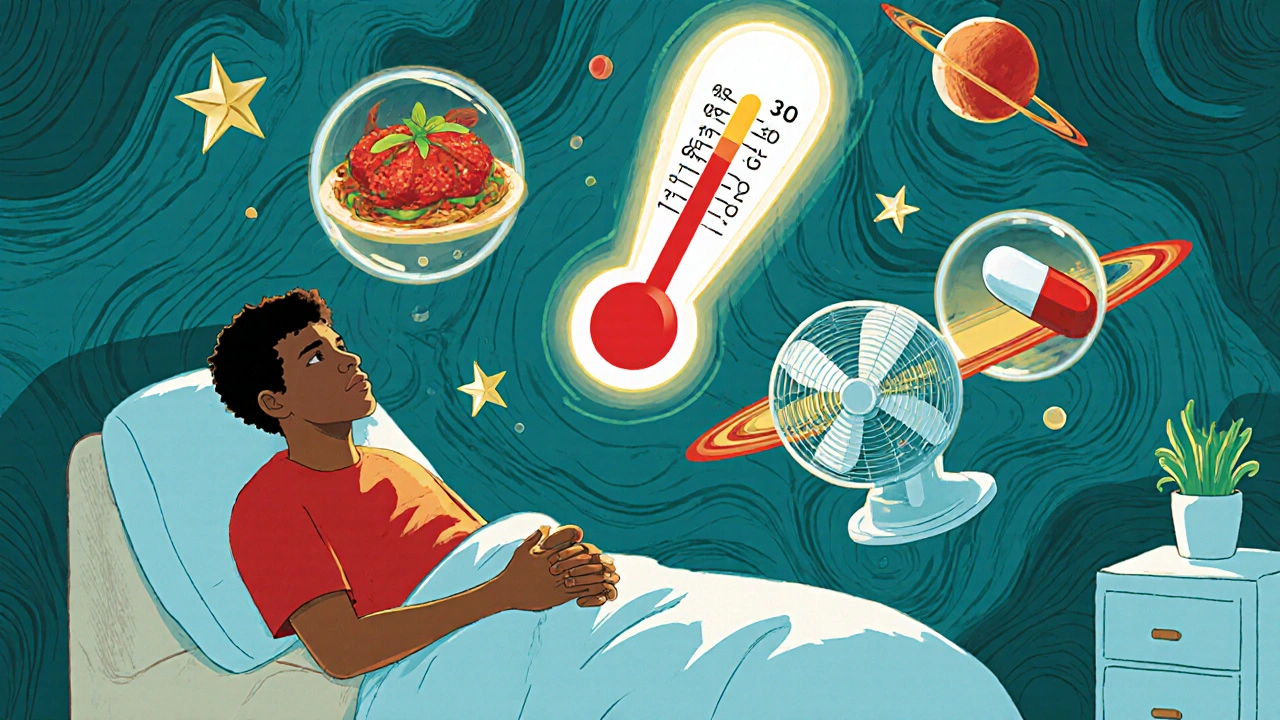 Person in cool room with floating trigger icons and a glowing thermometer at 38.1°C.