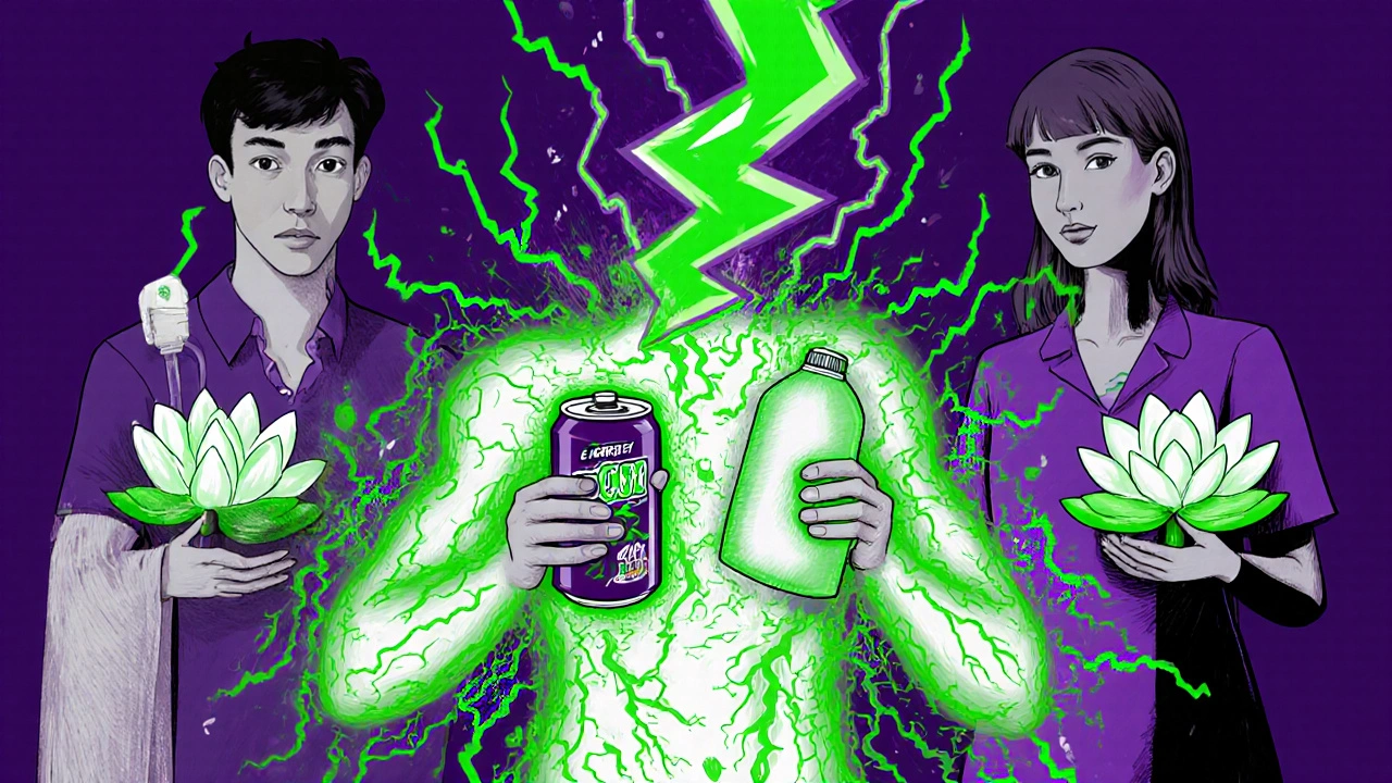 Person morphing into storm of lightning from mixing energy drink and decongestant, while doctor offers saline rinse and nasal spray.