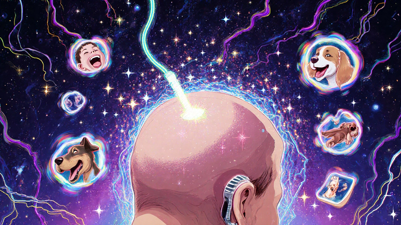 Person receiving cochlear implant surrounded by glowing neural wires and floating memories