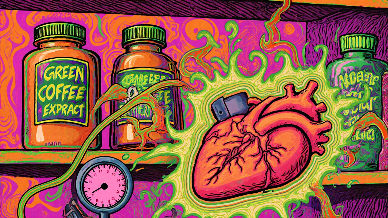 Psychedelic pharmacy shelf with vibrating green coffee and Adderall bottles, a heart with erratic blood pressure readings.