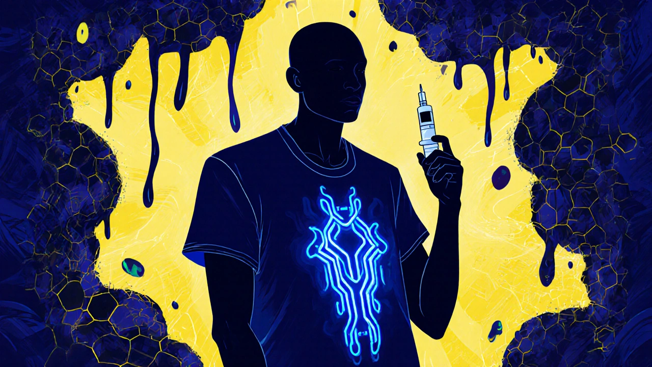 Smart cooling shirt with glowing circuits reacting to heat, beside an epinephrine injector.
