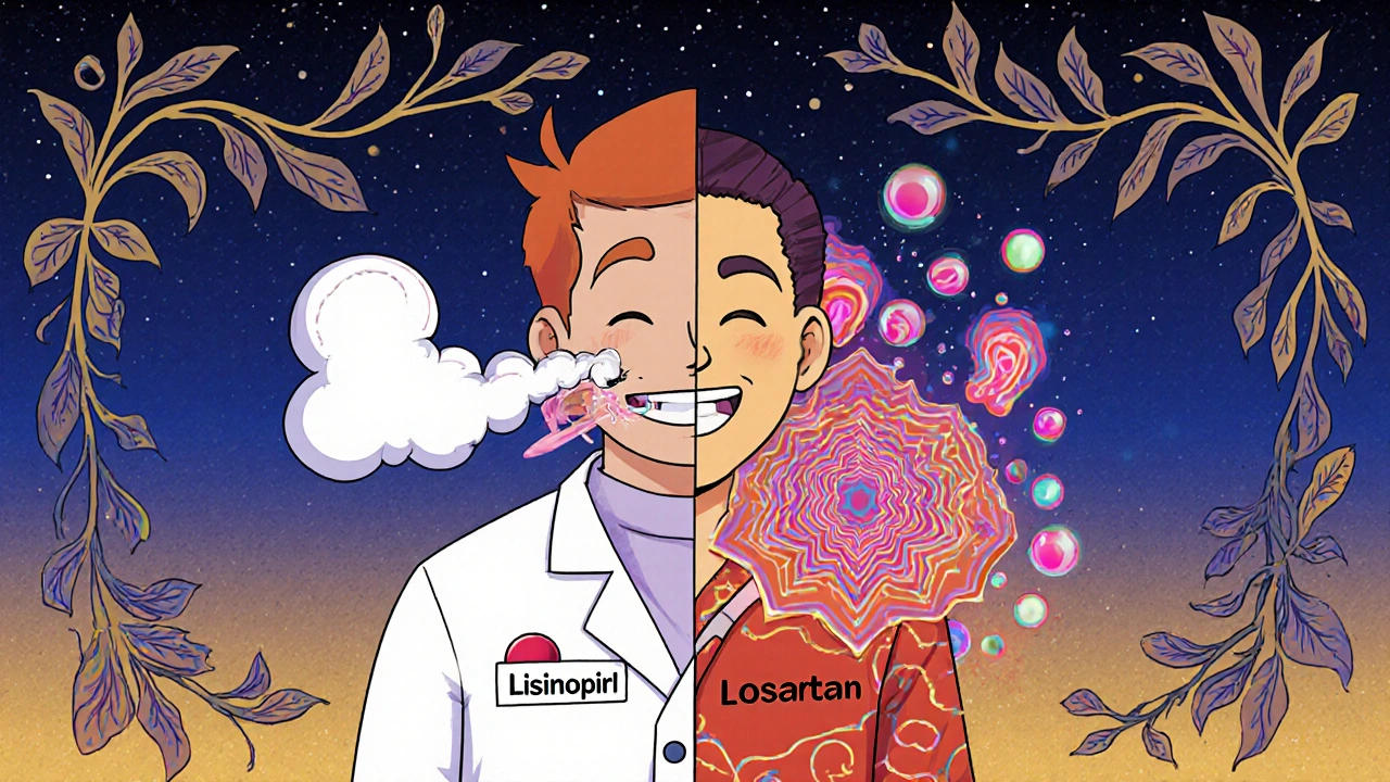 Split-body illustration showing coughing lisinopril side versus calm losartan side with glowing vessels