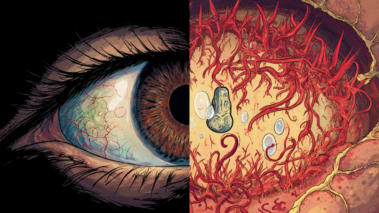 Split-eye diagram showing healthy vs inflamed eye with floating floaters and glowing steroid implant in Wes Wilson psychedelic style.