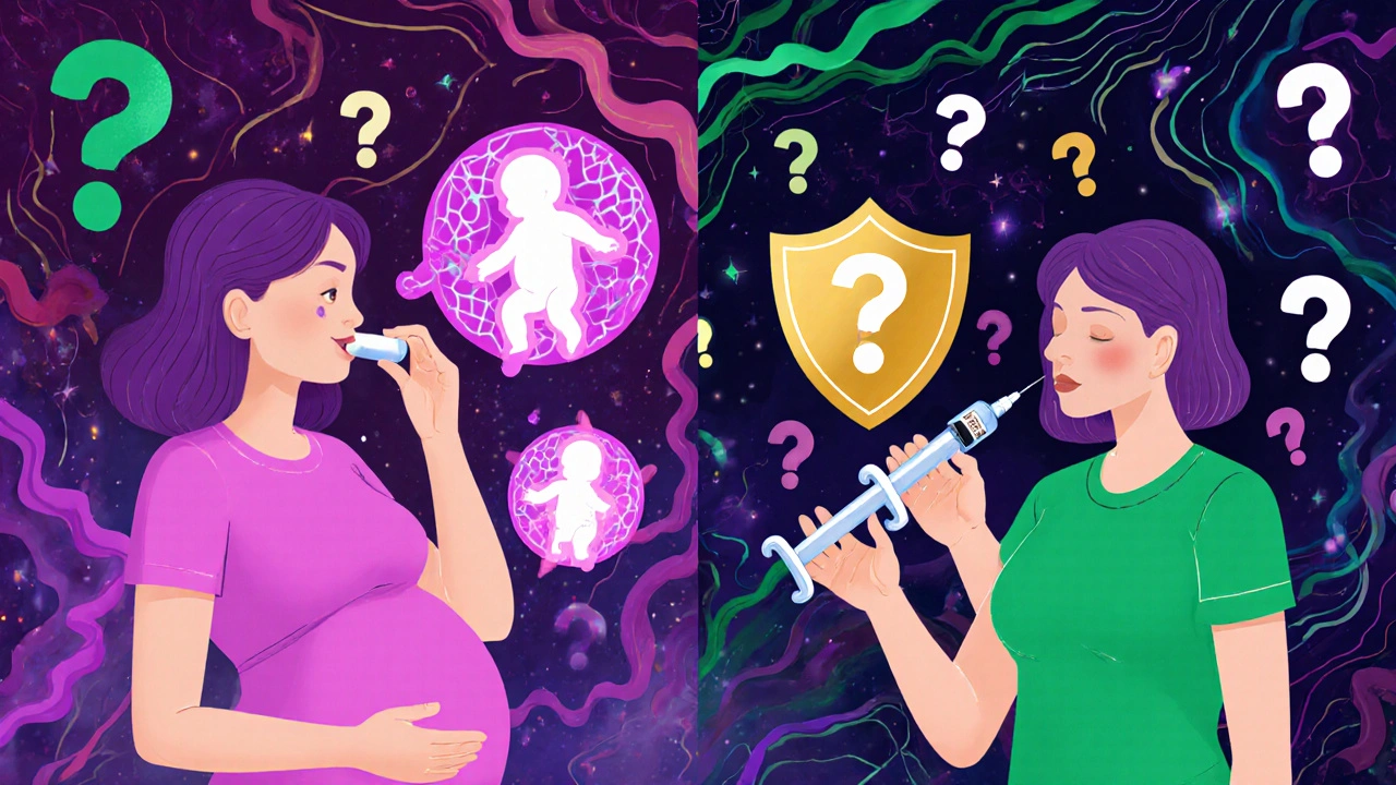 Split image: pregnant woman taking metformin vs. insulin, with fetal molecular pathways and protective shields.