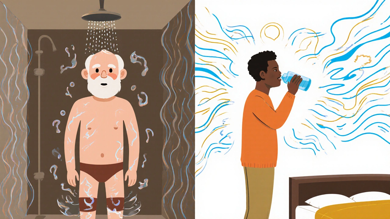 Split scene: older adult in hot shower with dizziness vs. same person using safety habits like compression stockings and hydration.