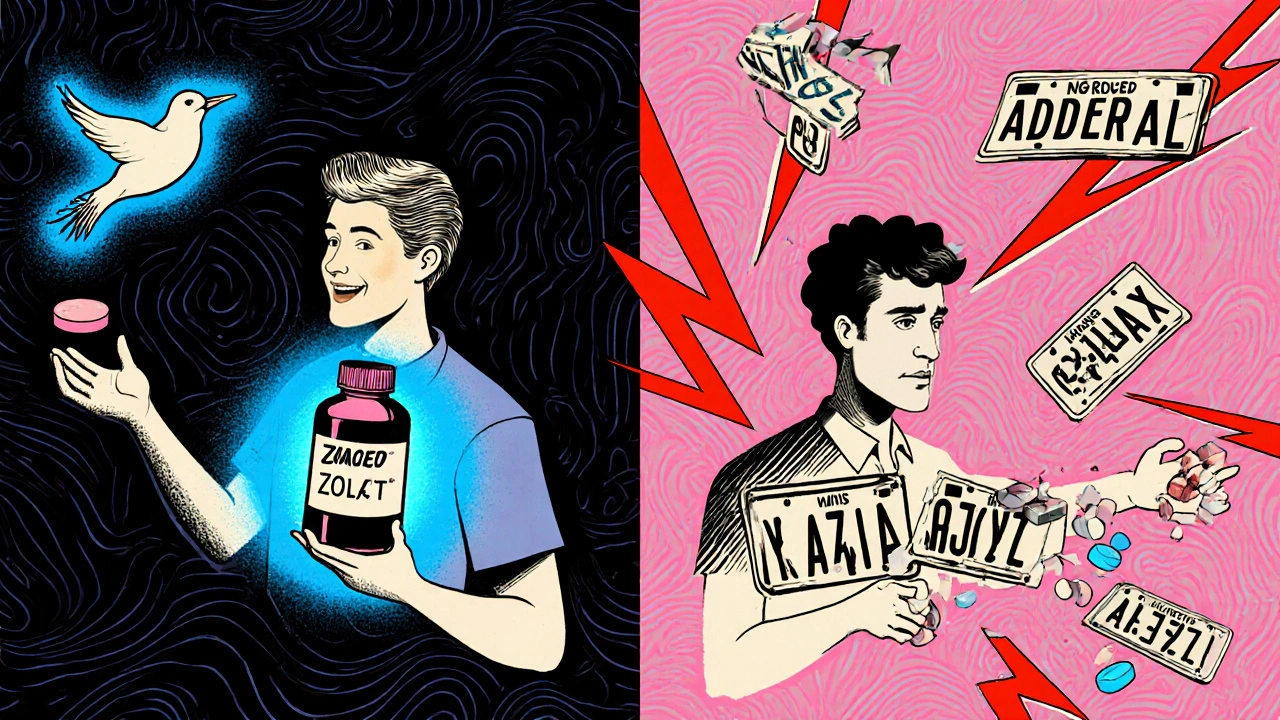 Split scene: one driver calm with antidepressants, another anxious with banned stimulants, in psychedelic style.