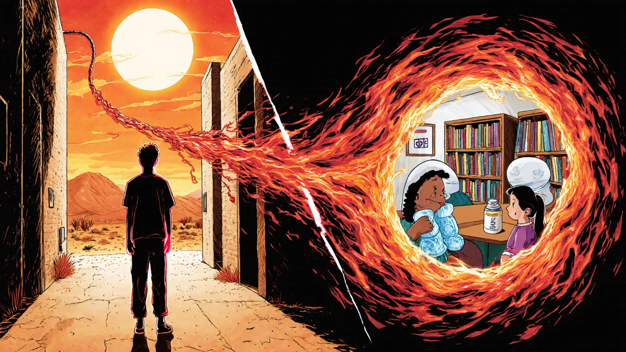 Split scene: one person in heat stress vs. same person safe in a library with naloxone and friend.