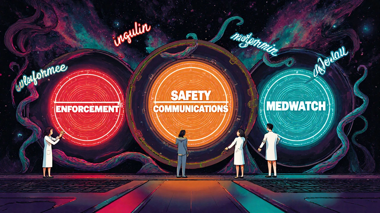 Three glowing circular FDA alert systems pulsing with color, surrounded by floating keywords.