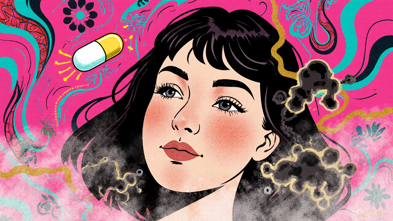 Woman transforming from acne to calm as testosterone molecules dissolve, surrounded by 1960s-style floral patterns.