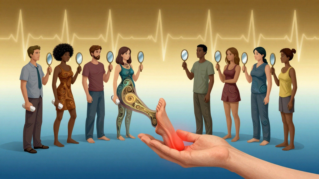 A chain of people holding foot care tools, their forms merging into a glowing foot under medical care.