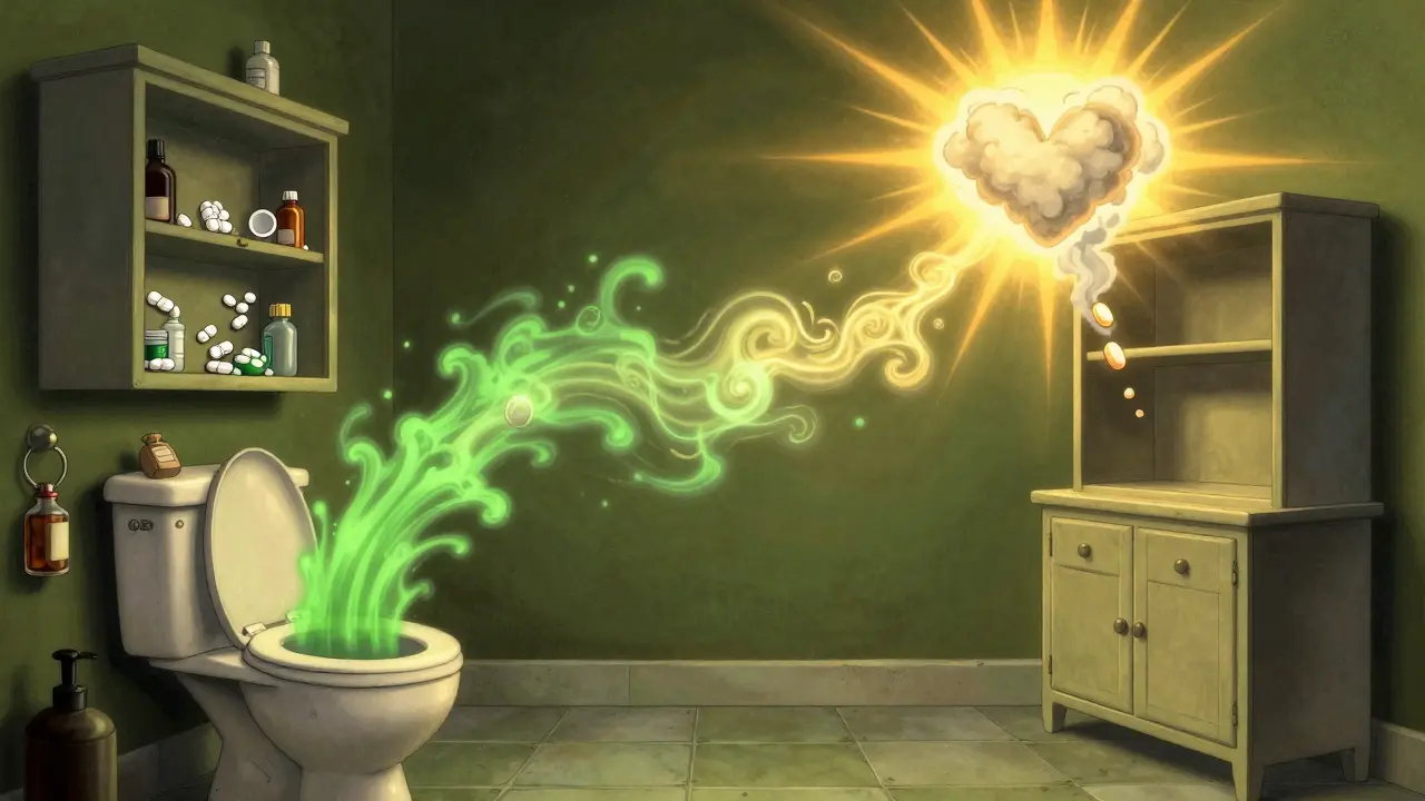 A cluttered medicine cabinet transforms into a clean one, with pills dissolving into a heart-shaped cloud.