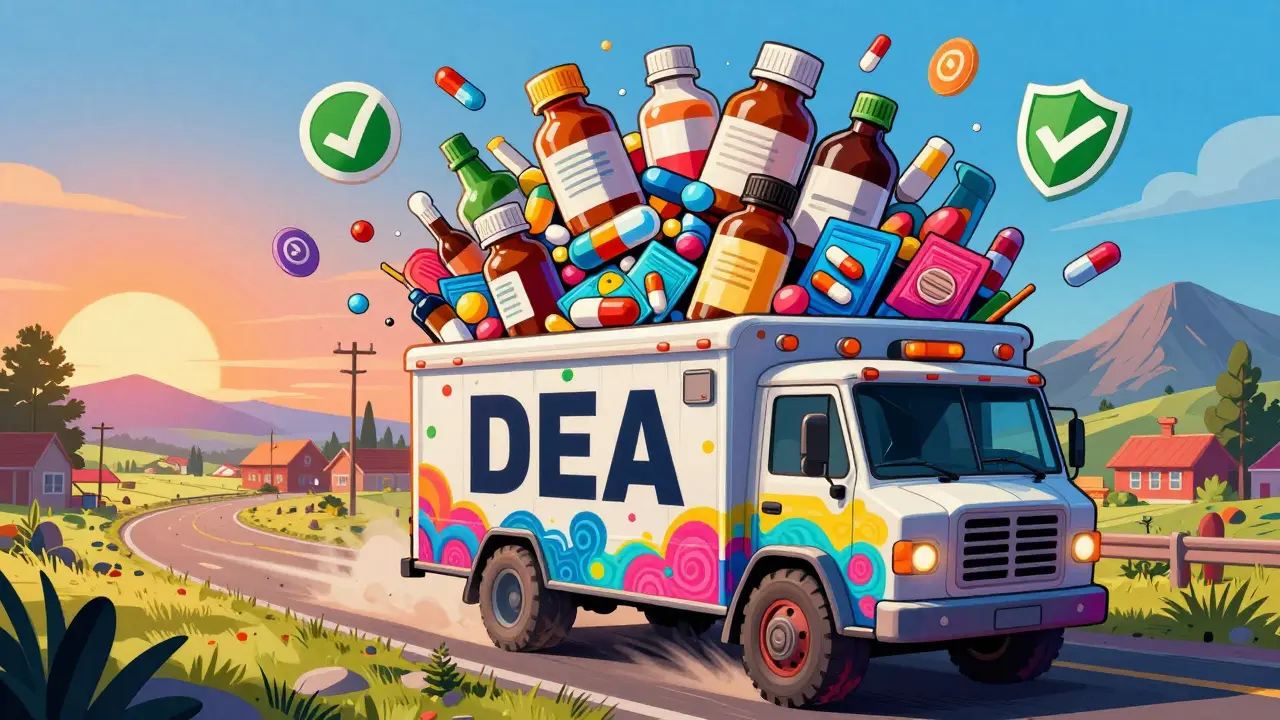 A colorful DEA mobile unit transports collected prescription drugs through a rural American landscape.