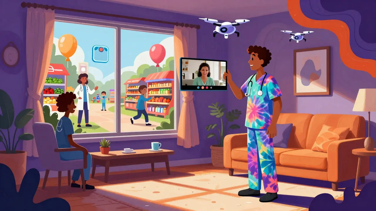 A doctor video-calls a patient at home while a surreal ecosystem of health partners swirls around them in vibrant colors.