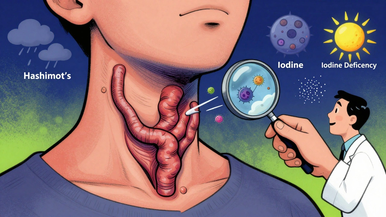 A giant goiter compressing a person’s airway, with medical symbols and immune cells depicted in swirling psychedelic patterns.