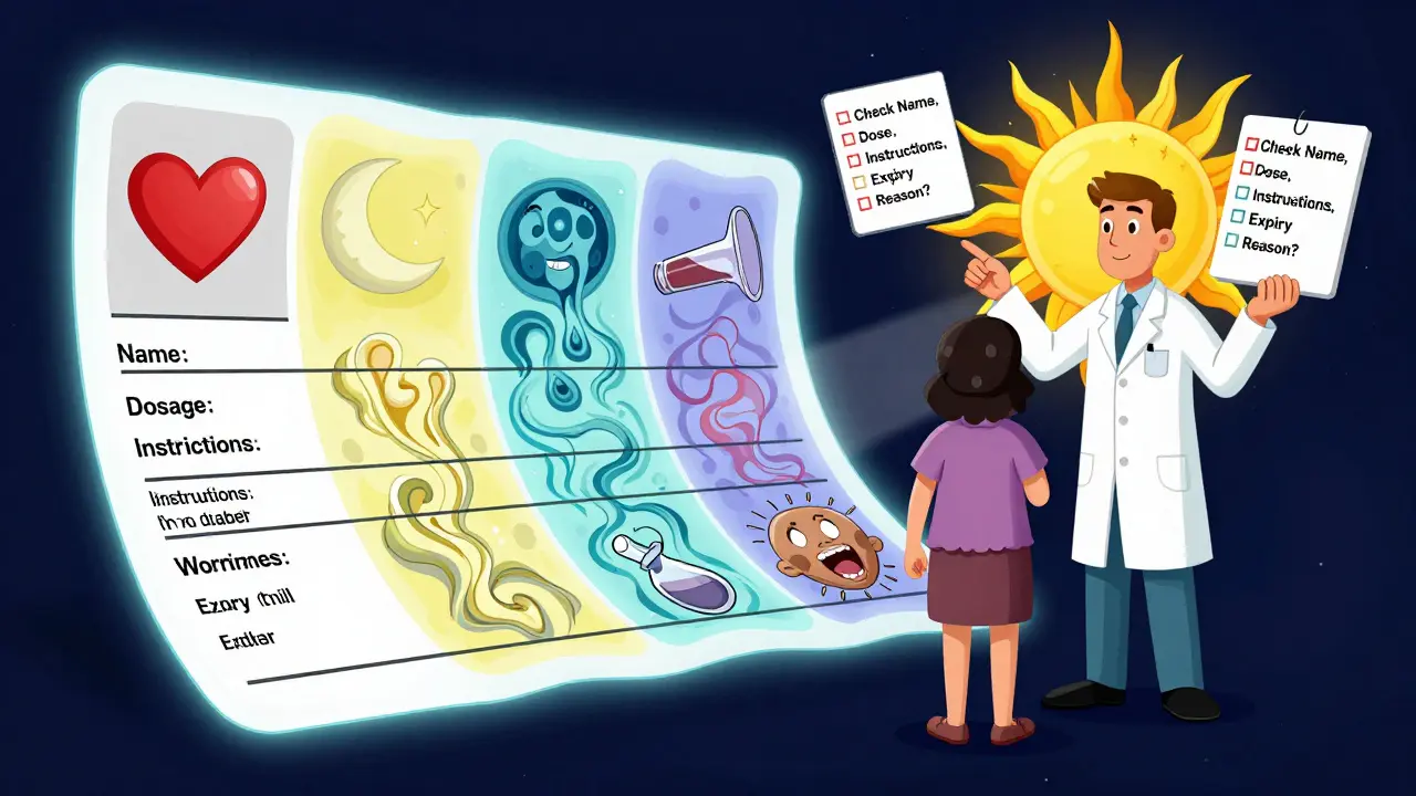 A giant prescription label unfolds into surreal symbols for dosage, warnings, and expiration, with a pharmacist guiding the patient near a radiant Medication Guide.