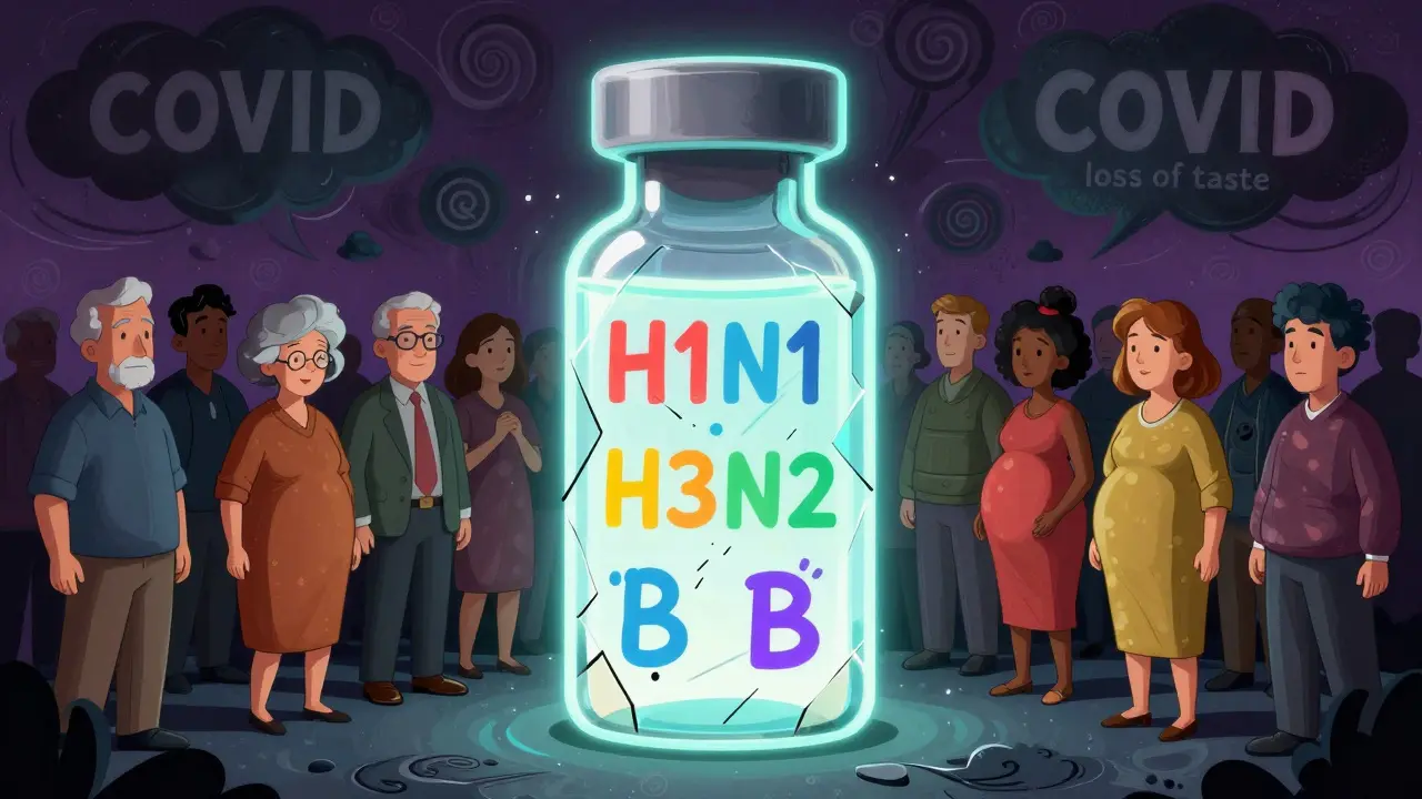 A glowing vaccine vial with abstract flu strains shines as vulnerable people walk toward it, while a dark cloud labeled 'COVID' looms in a psychedelic backdrop.