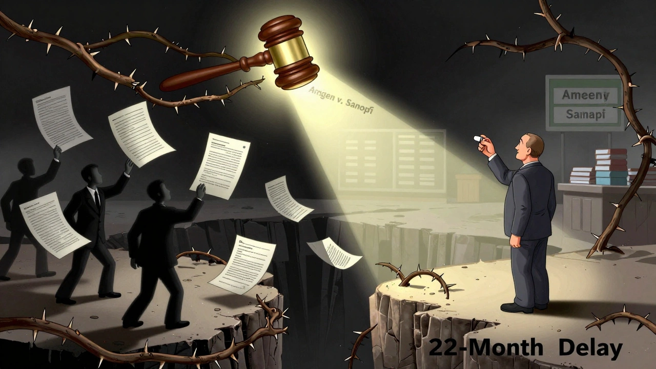 A patient at the edge of a delay chasm, with patent vines falling as light from Amgen v. Sanofi cuts through.