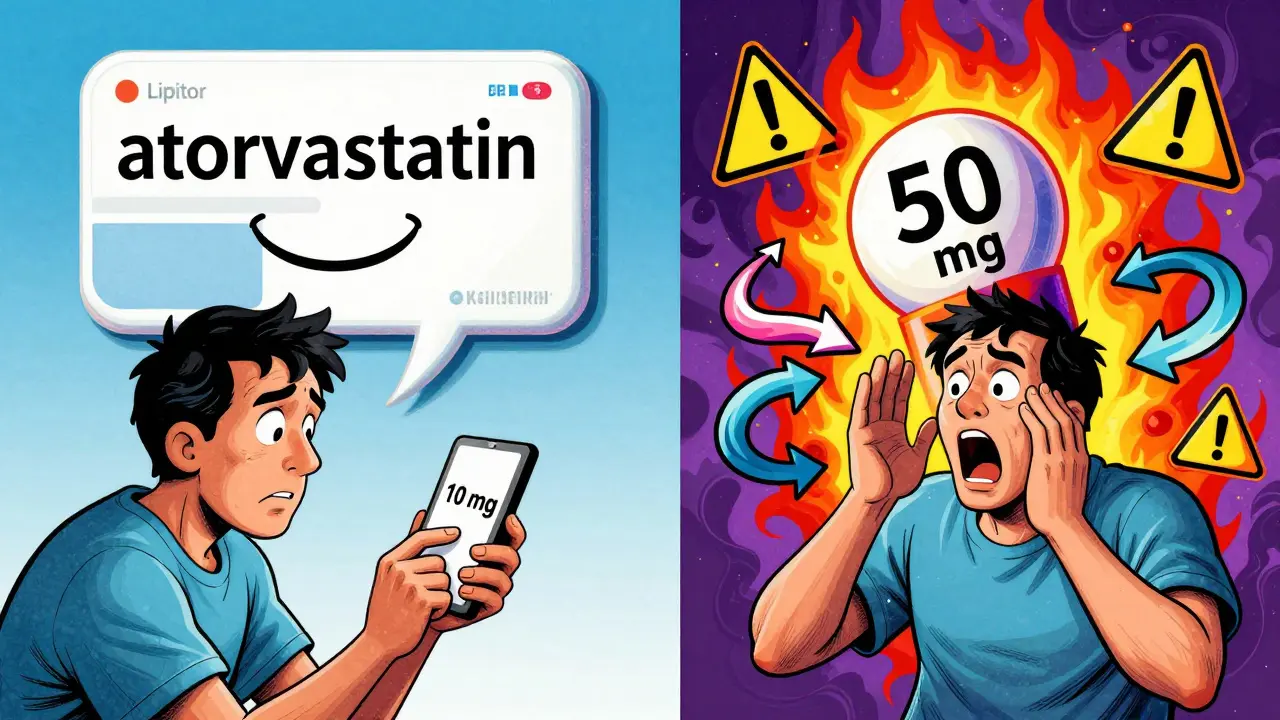 A patient compares two pill labels—one labeled 10 mg, another 50 mg—with glowing brand and generic names in vibrant, clashing colors.