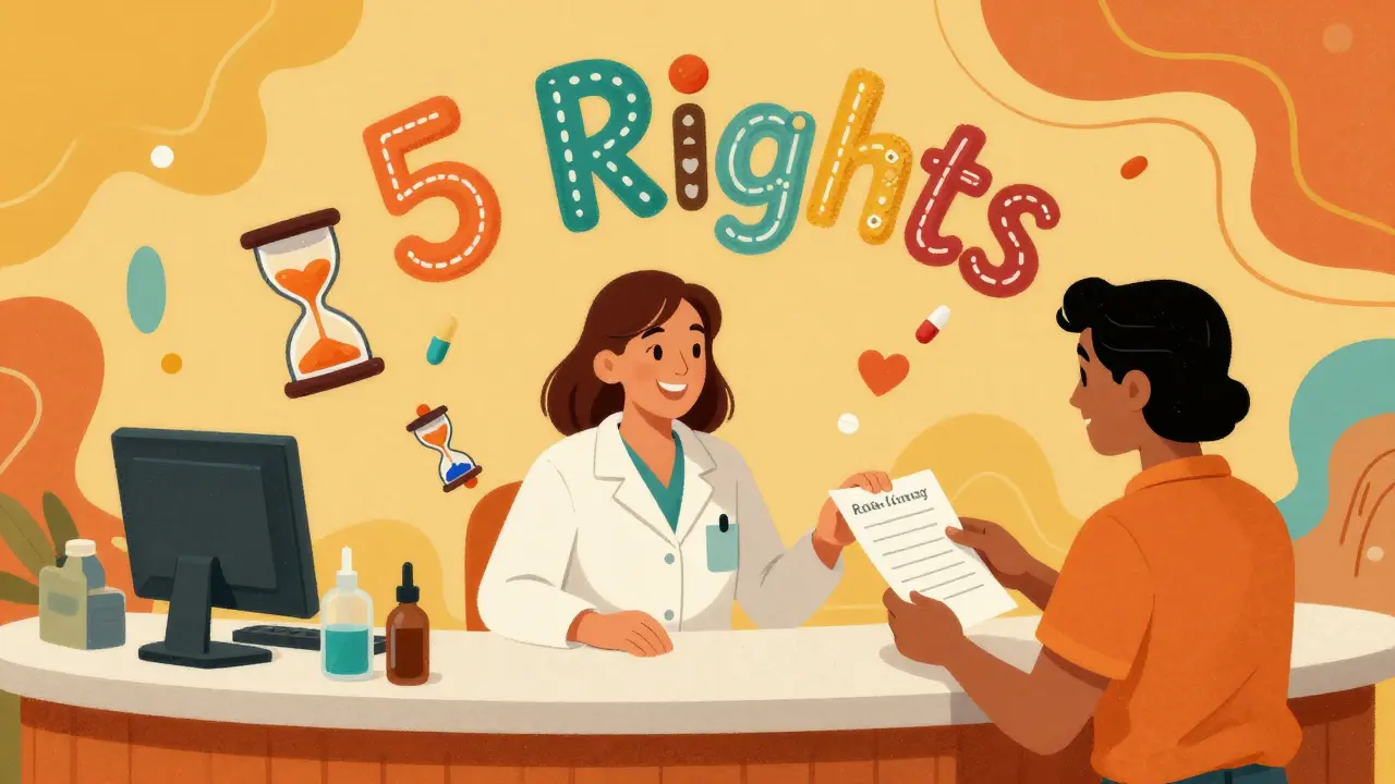 A pharmacist and patient at a counter with floating pills forming the '5 Rights' in vibrant, swirling design.