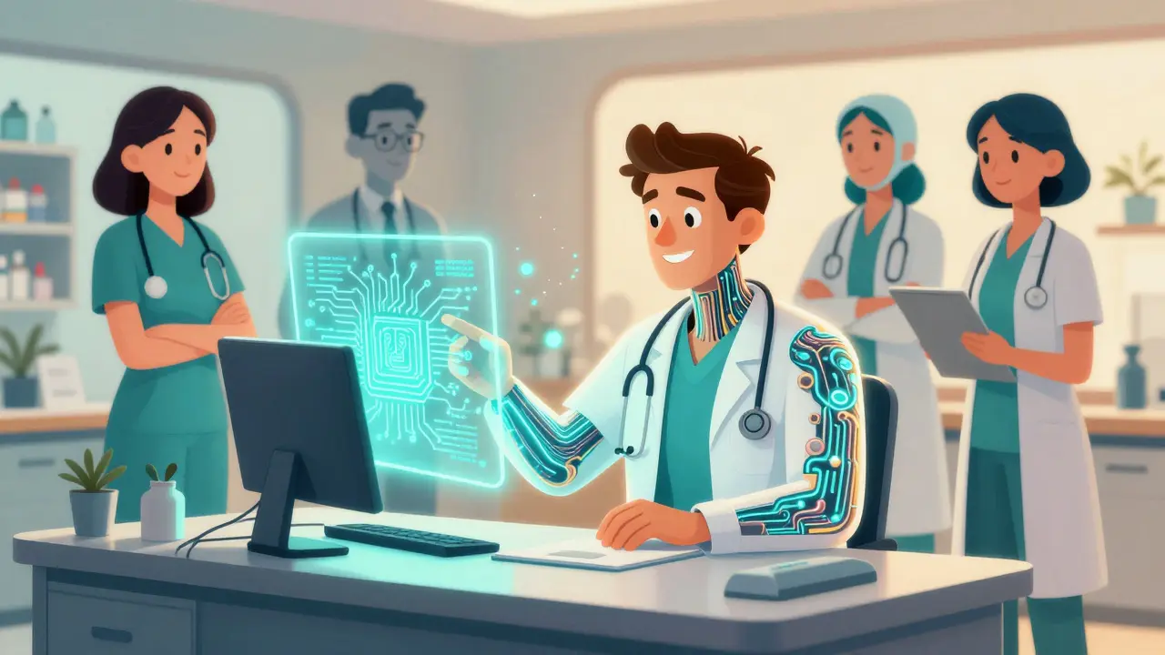 A provider's body merges with AI circuits while a diverse care team stands beside them in a glowing, stylized clinic.