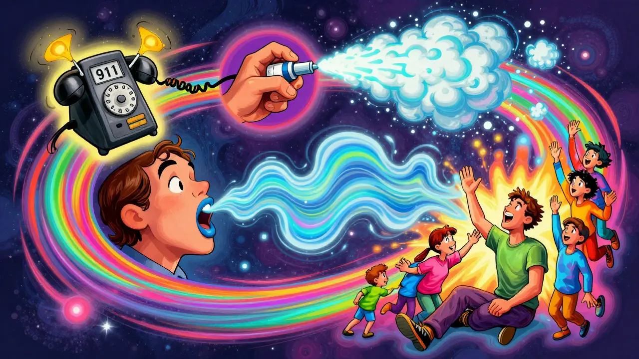 A psychedelic spiral showing the four steps of overdose rescue: calling 911, giving spray, restoring breath, and being supported.