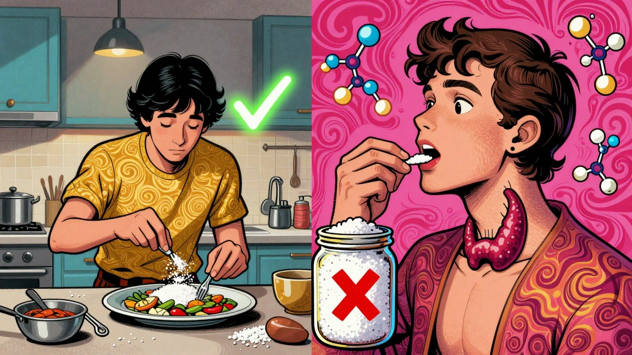 A split cartoon scene showing iodized salt helping a thyroid versus sea salt causing swelling, rendered in 1960s psychedelic style.