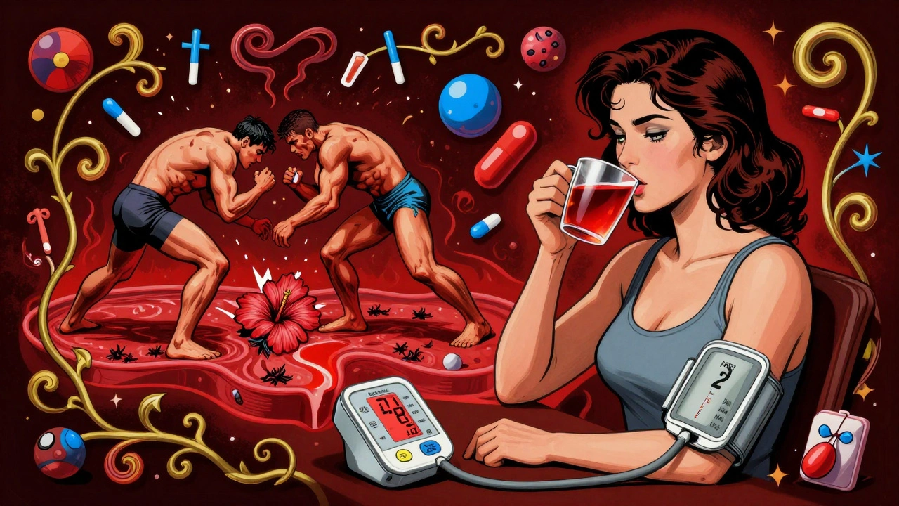A woman drinking hibiscus tea as her blood pressure crashes with swirling medical symbols.