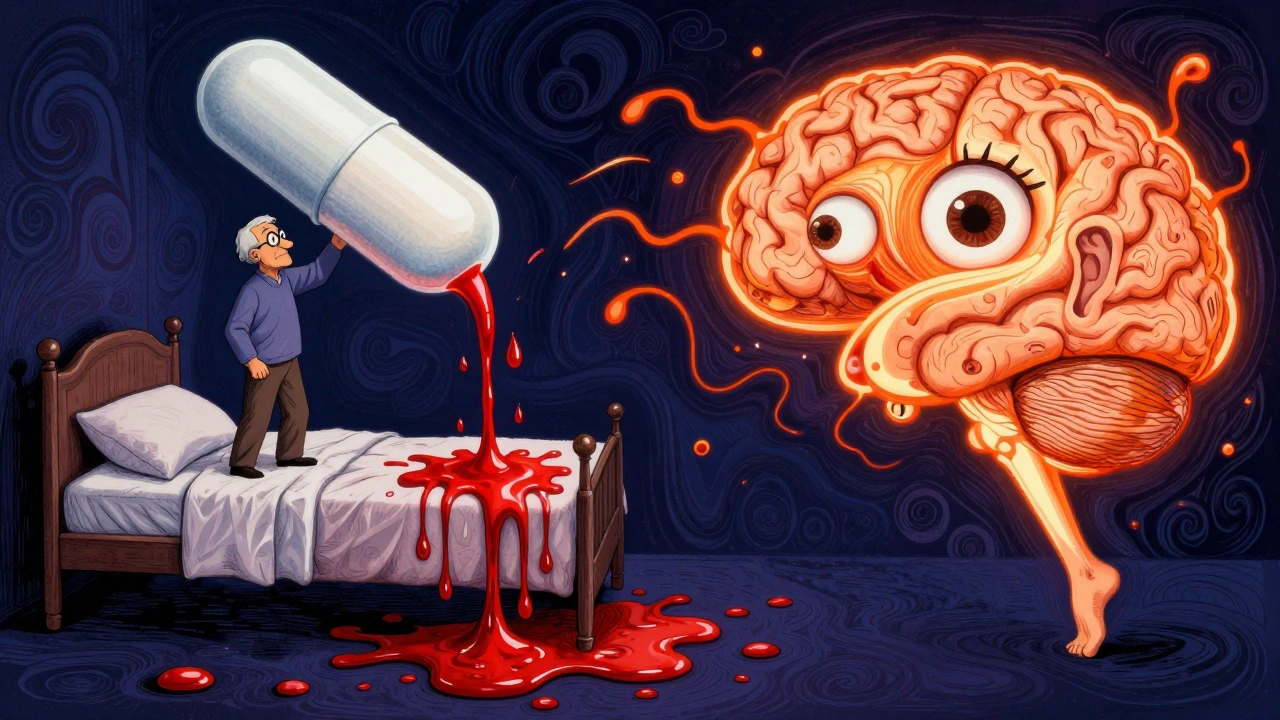 An elderly person standing up as blood vessels drain, with a brain losing sensory signals in chaotic waves.