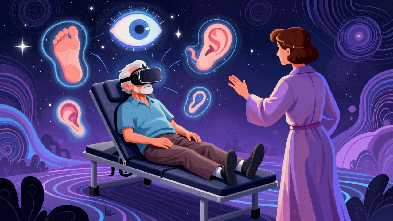 An older adult using VR goggles for balance therapy, surrounded by floating ear, eye, and foot symbols in swirling colors.