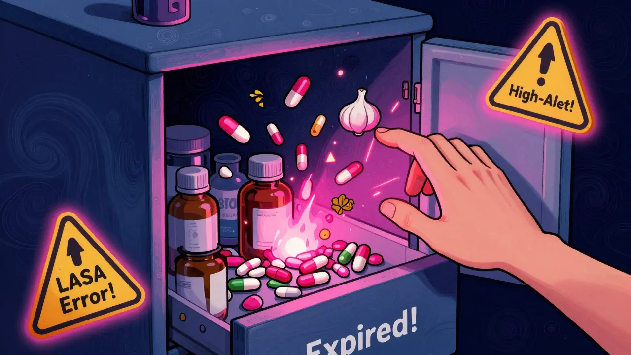 An open medicine cabinet spilling expired and dangerous pills, with glowing warning labels in psychedelic style.