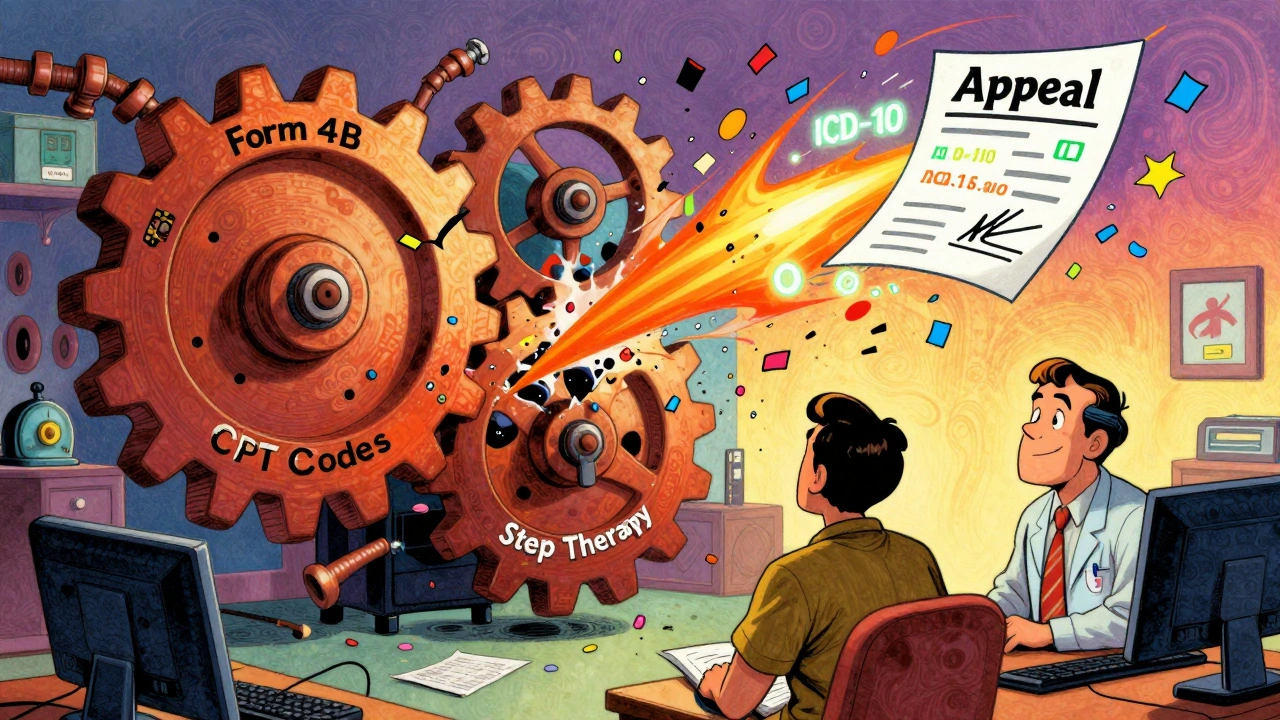 Appeal letter shattering bureaucratic gears with glowing codes in vibrant 1960s illustration style.