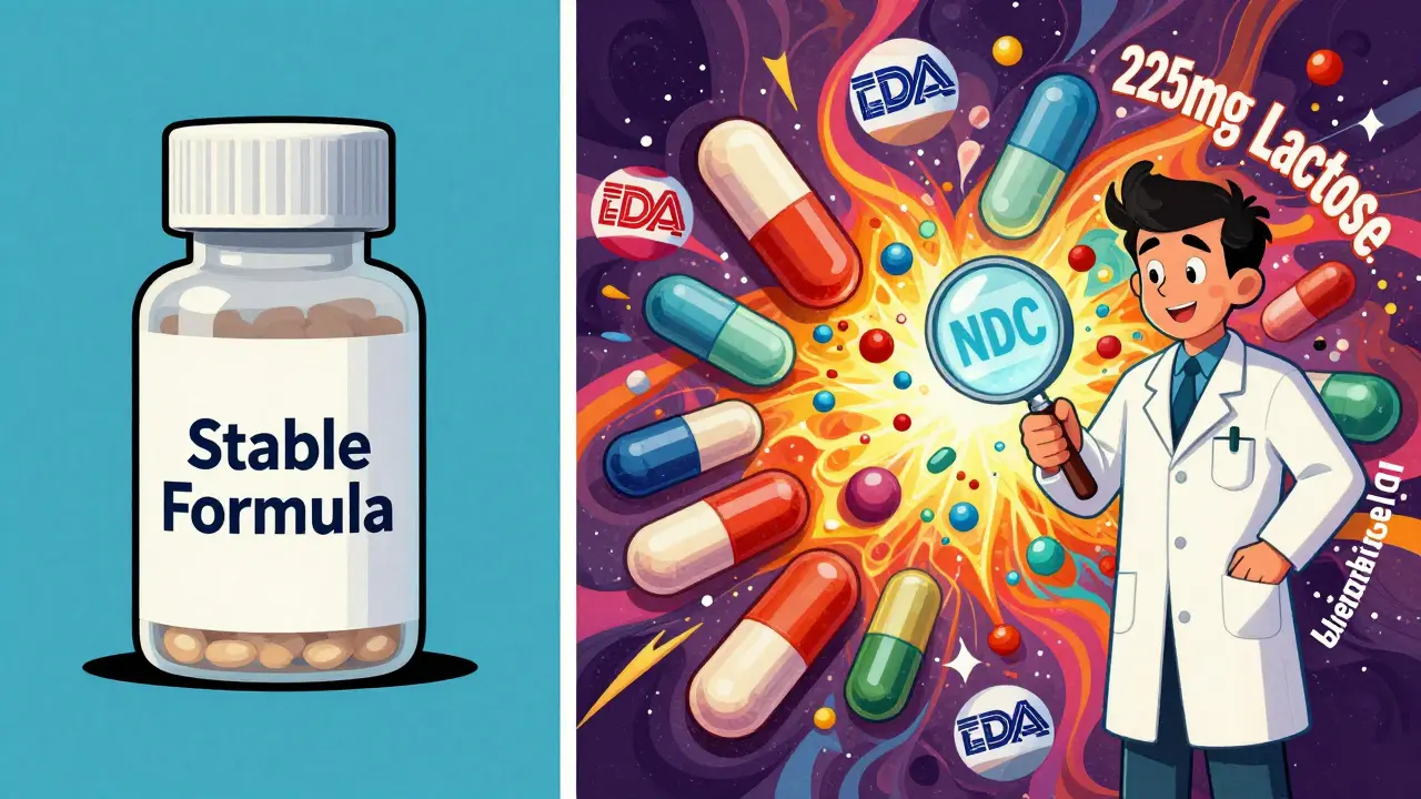 Brand-name pill vs. chaotic explosion of generics with hidden excipients, pharmacist examining NDC code.