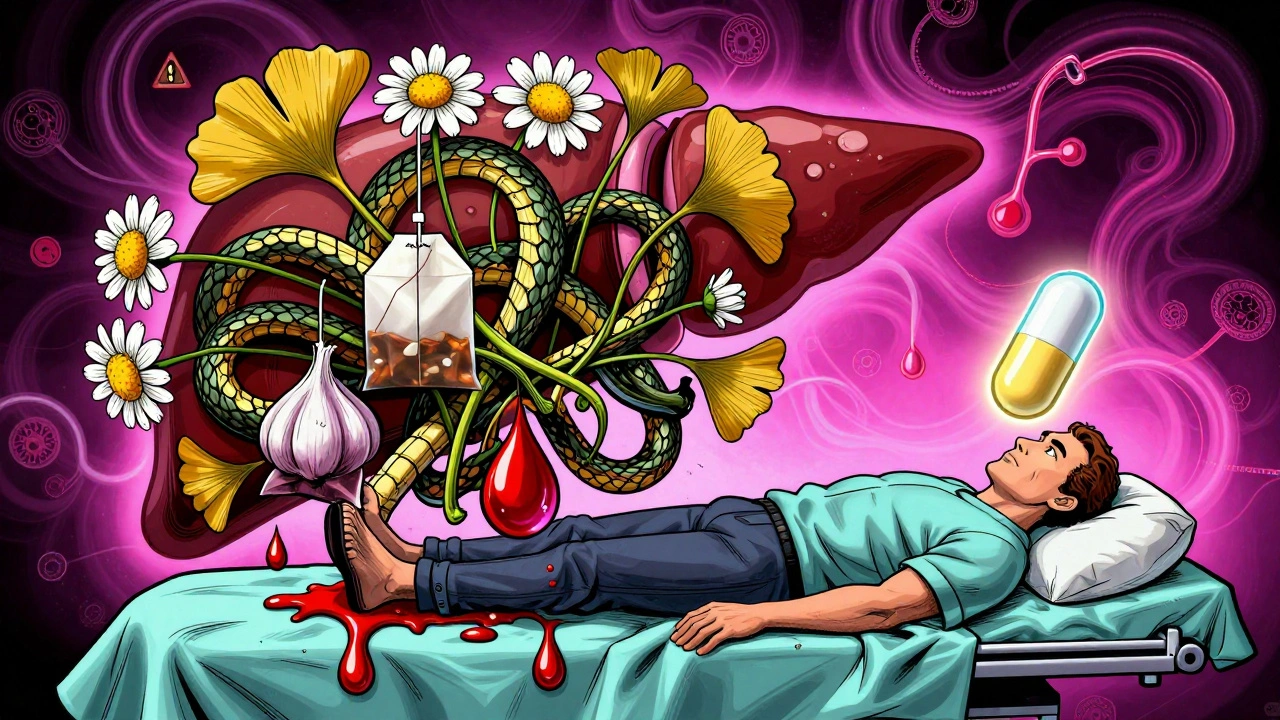 Chamomile, ginkgo, and garlic teas entwined around a blood drop near a warfarin pill.