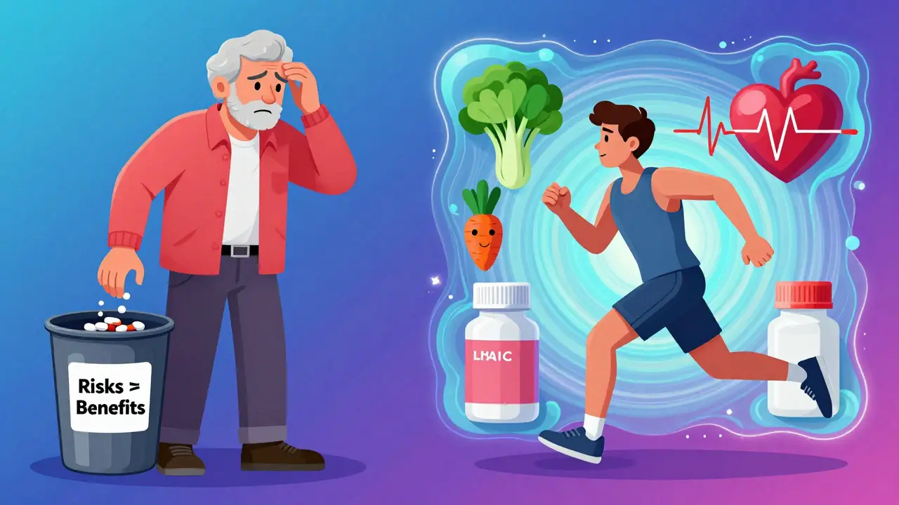 Contrasting figures: one discarding aspirin, another running toward healthy lifestyle symbols in psychedelic style.