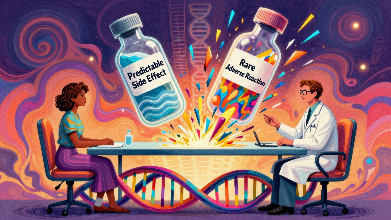 Doctor and patient at DNA-shaped table with floating vials showing drug reaction types