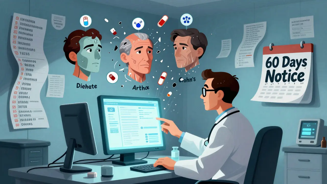 Doctor monitors formulary alerts as patients' medications shatter above them in swirling colors.