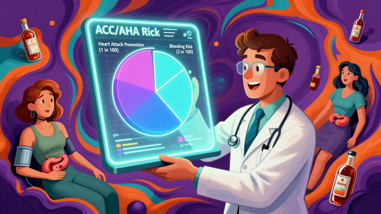 Doctor projecting a risk calculator hologram with bleeding vs. heart attack probabilities in swirling psychedelic colors.