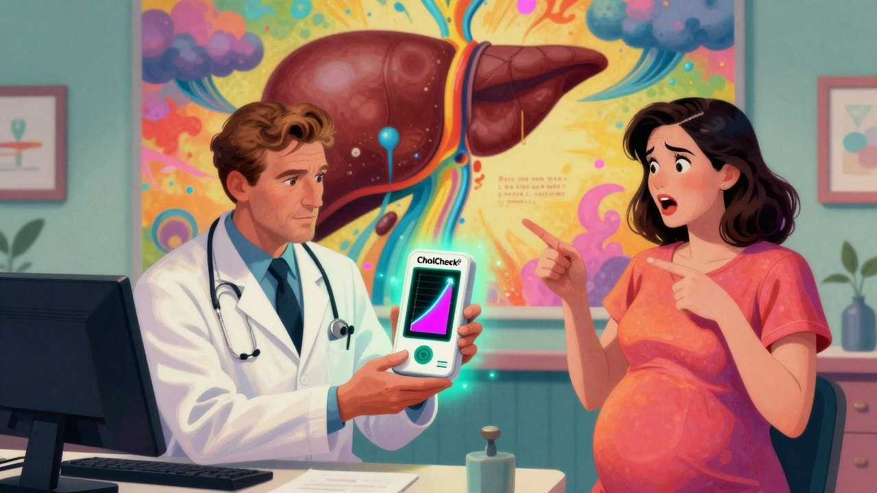 Doctor using a rapid bile acid test device while patient points to itchy palms, vibrant psychedelic medical scene.