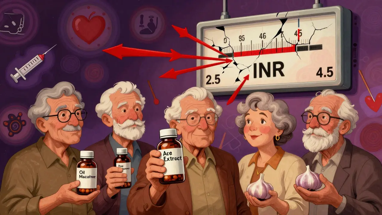 Elderly people hold different garlic supplements as an INR meter spikes dangerously high.