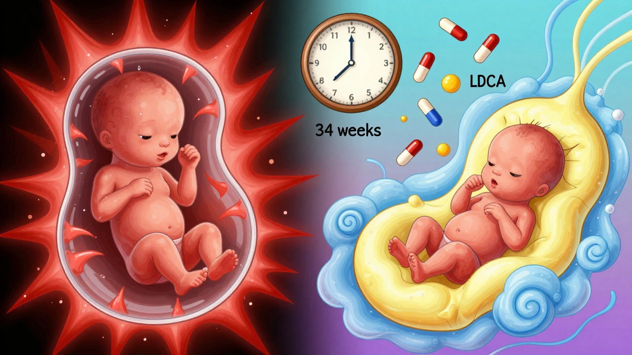 Fetus surrounded by dangerous bile spikes on one side, safe in warm light on the other, with medical symbols floating above.