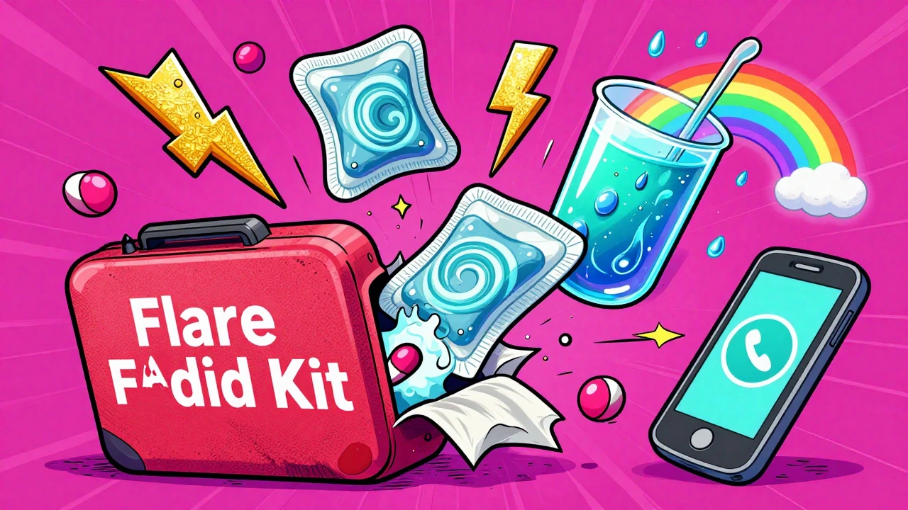 Flare kit bursting with stylized meds, cold packs, and telemedicine phone in vibrant swirling colors.